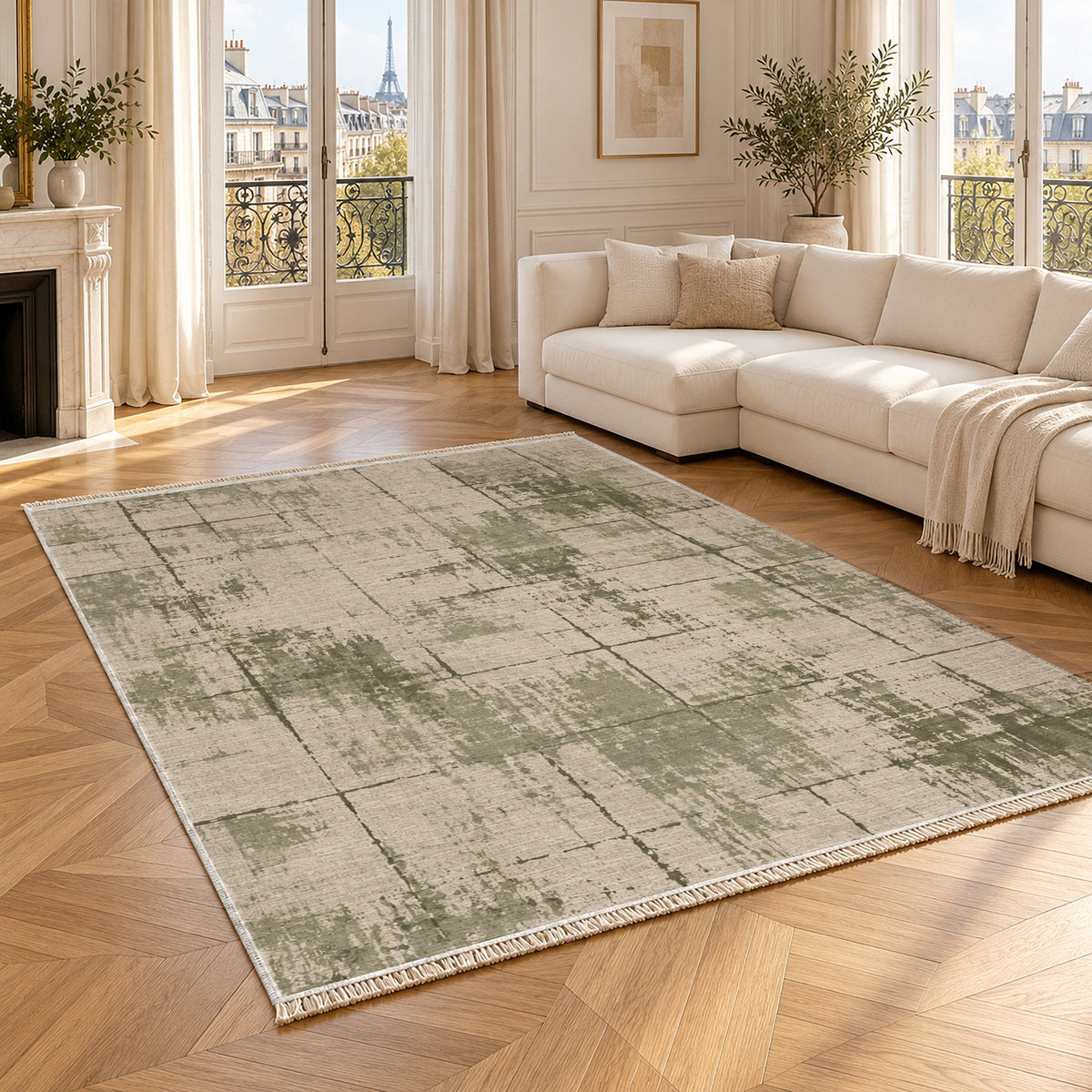 Faded Grid Ivory & Sage washable rug angled room view