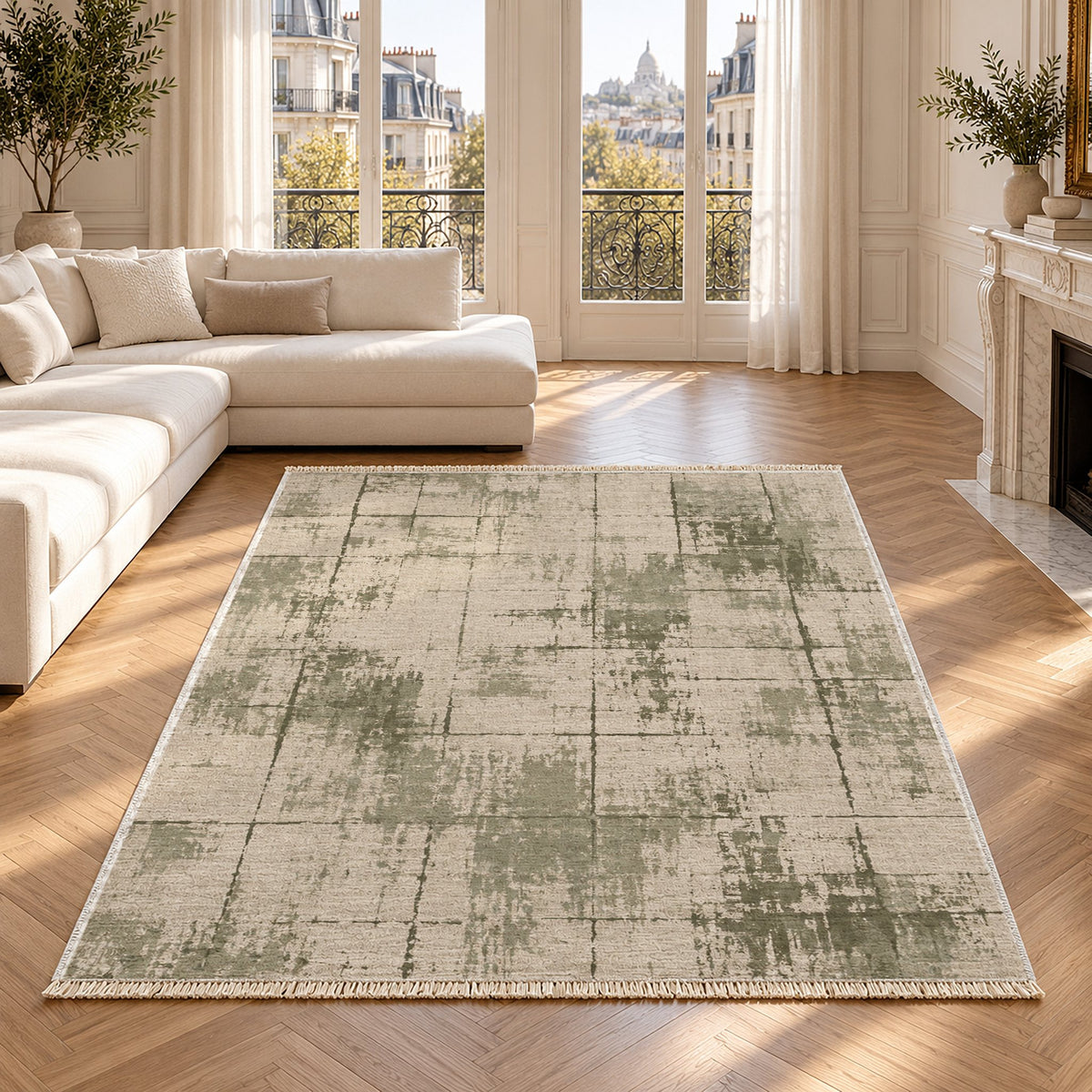 Faded Grid Ivory & Sage washable rug in a Paris living room