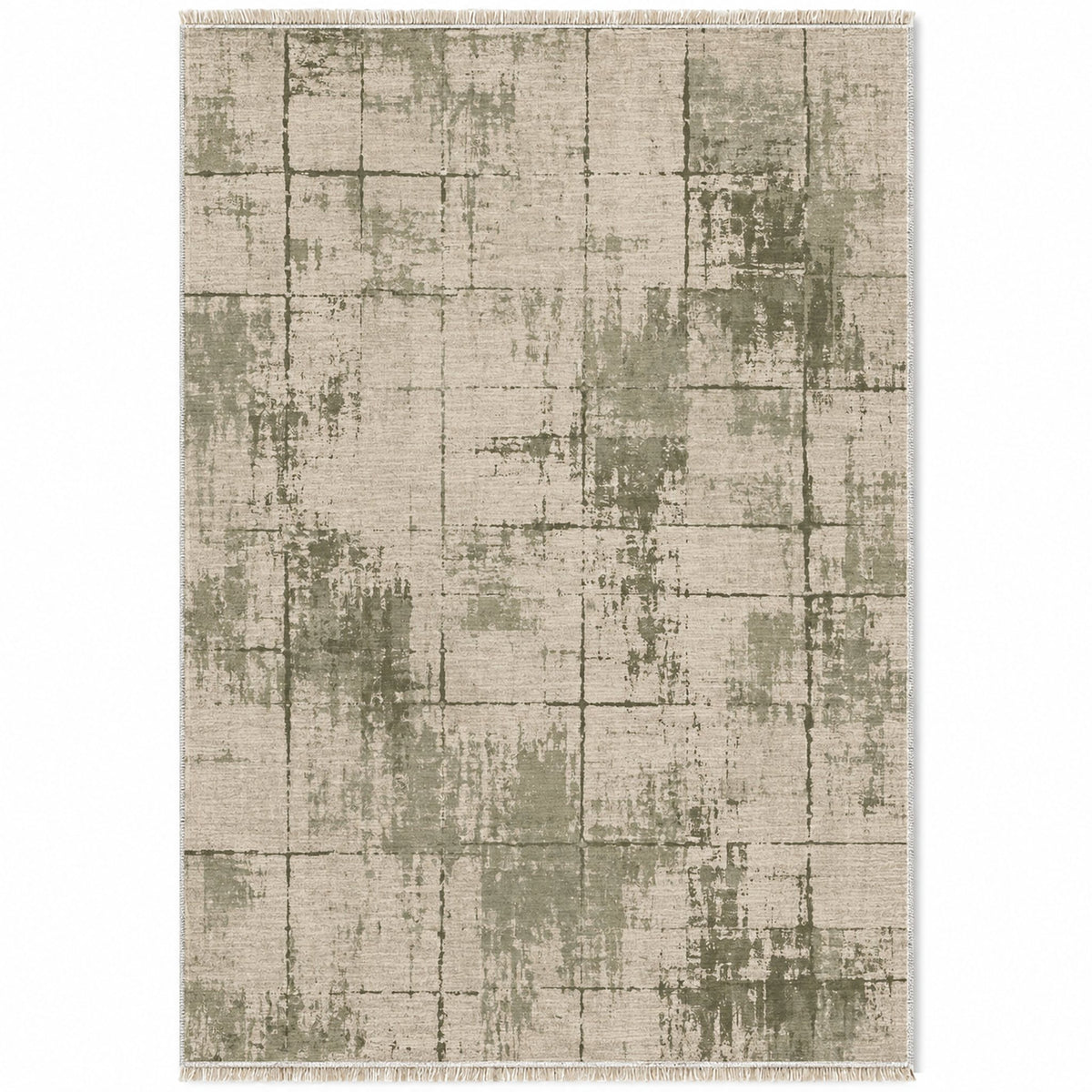 Faded Grid Ivory & Sage washable rug top view
