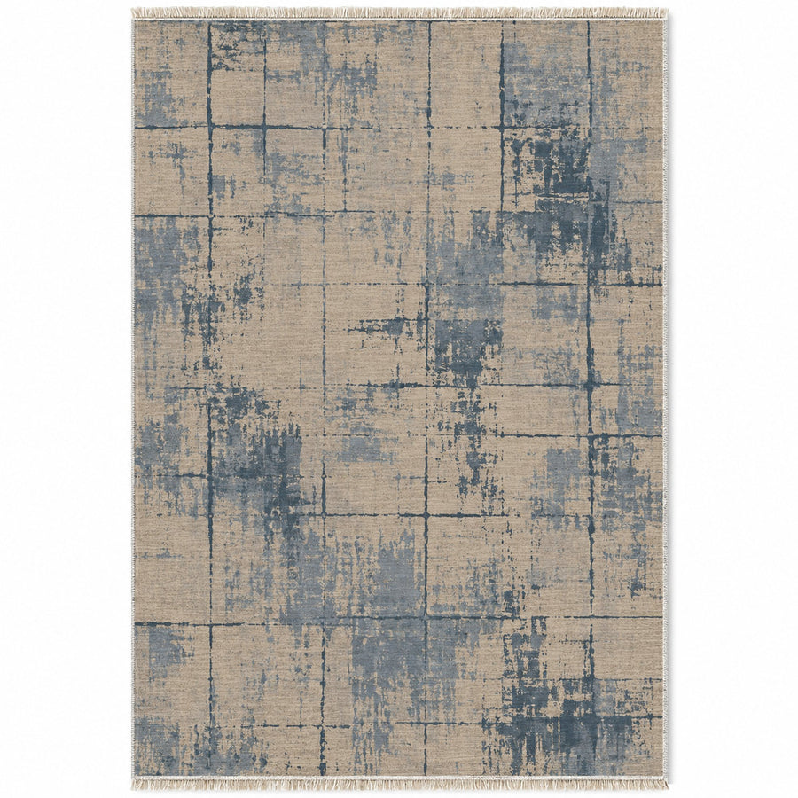 Faded Grid Oat & Dusty Blue Abstract Washable Rug