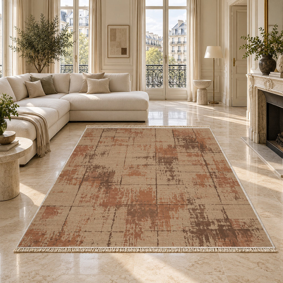 Faded Grid Sand & Terracotta washable rug on a marble floor
