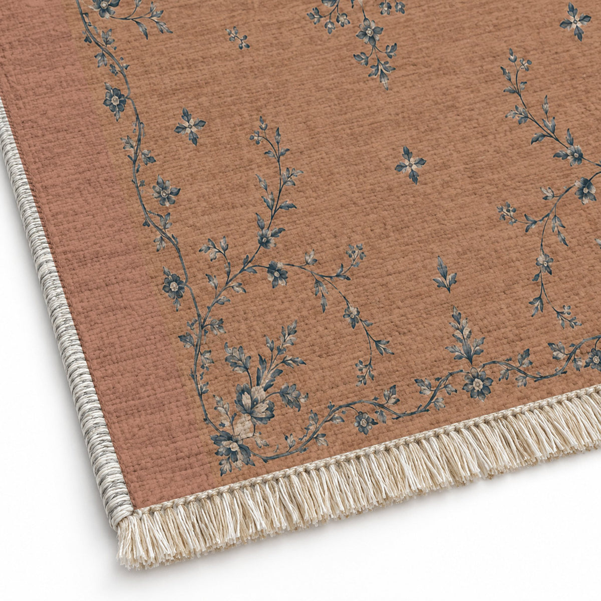 Faded Rosette Clay & Denim washable rug close-up of the printed chenille