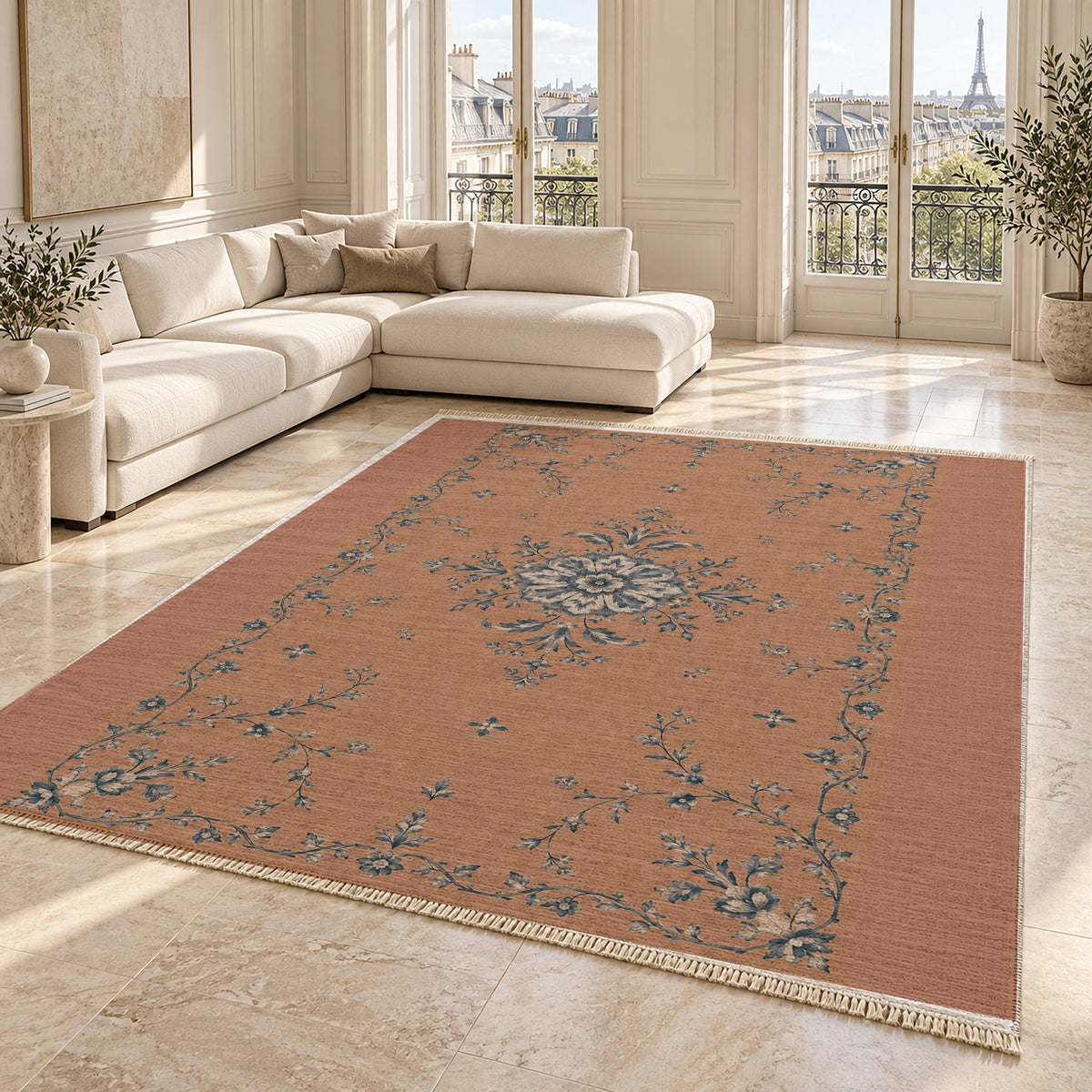Faded Rosette Clay & Denim washable rug angled room view on marble