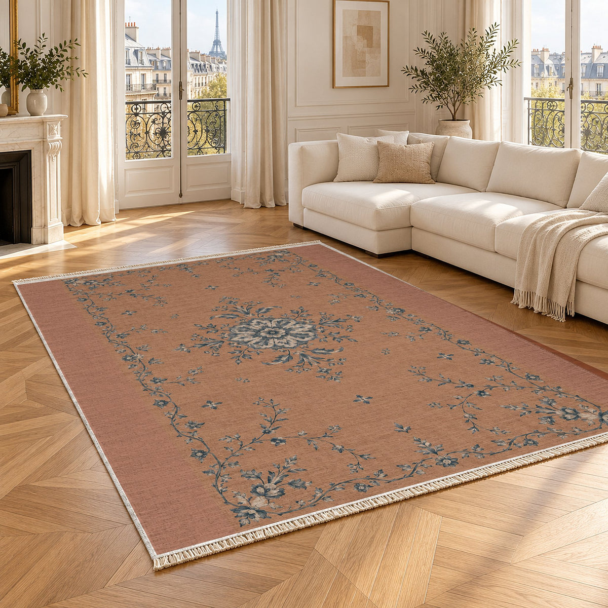 Faded Rosette Clay & Denim washable rug angled room view