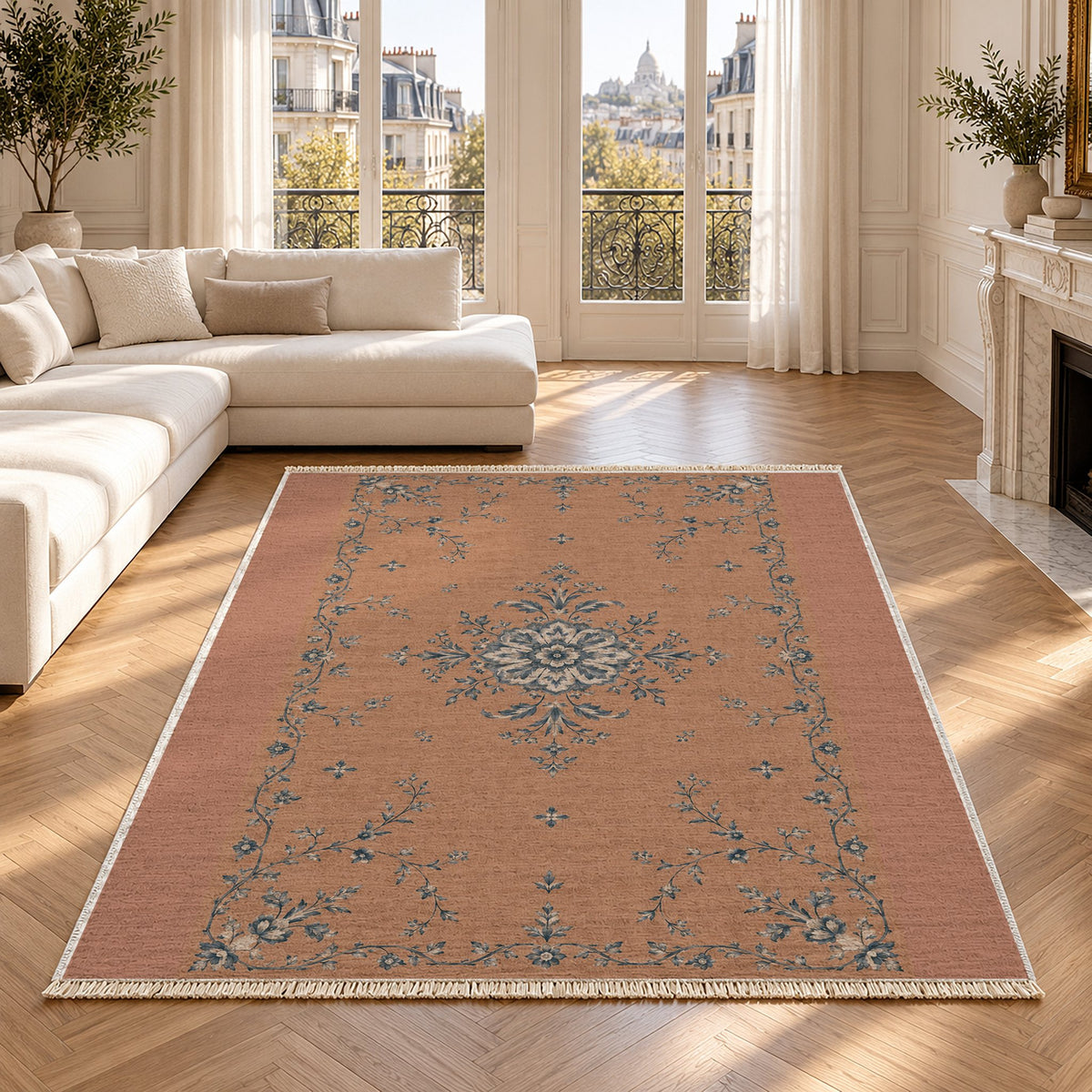Faded Rosette Clay & Denim washable rug in a Paris living room