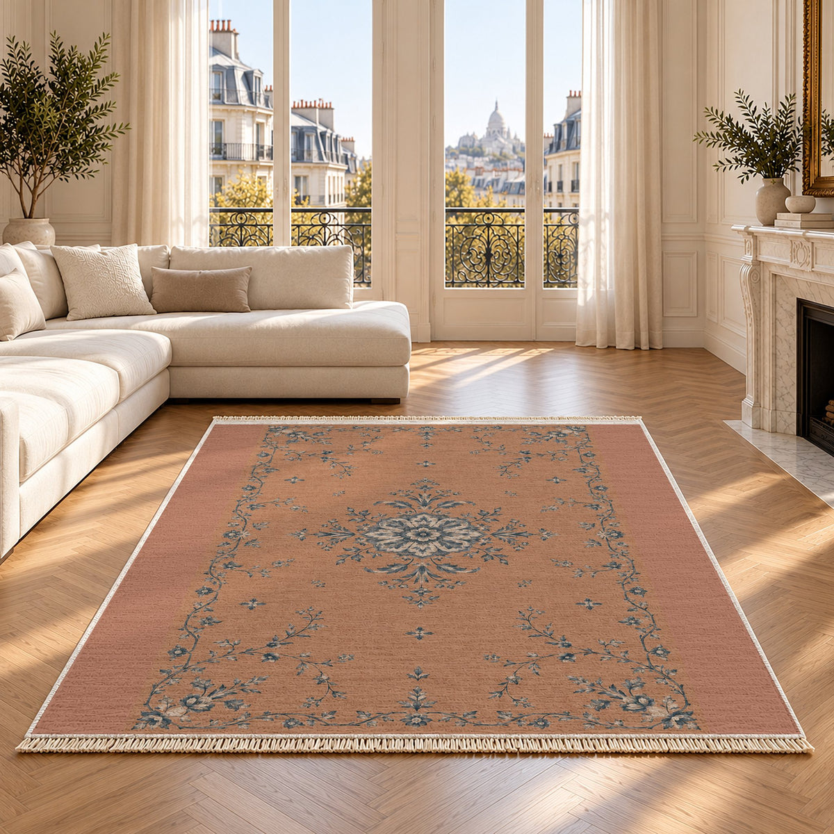 Faded Rosette Clay & Denim washable rug on an oak floor