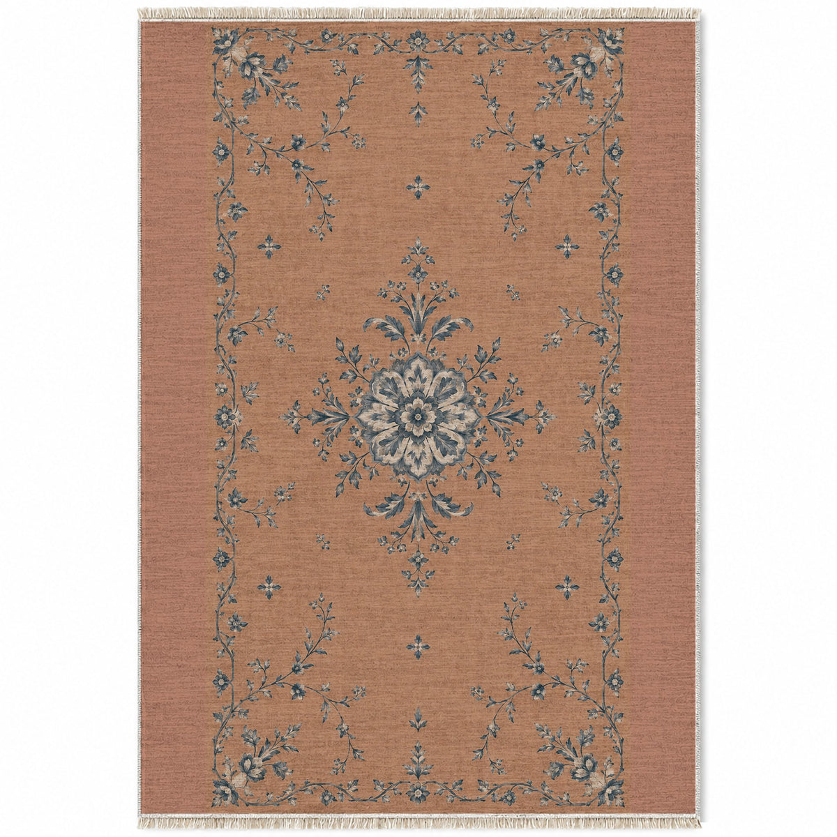 Faded Rosette Clay & Denim washable rug top view
