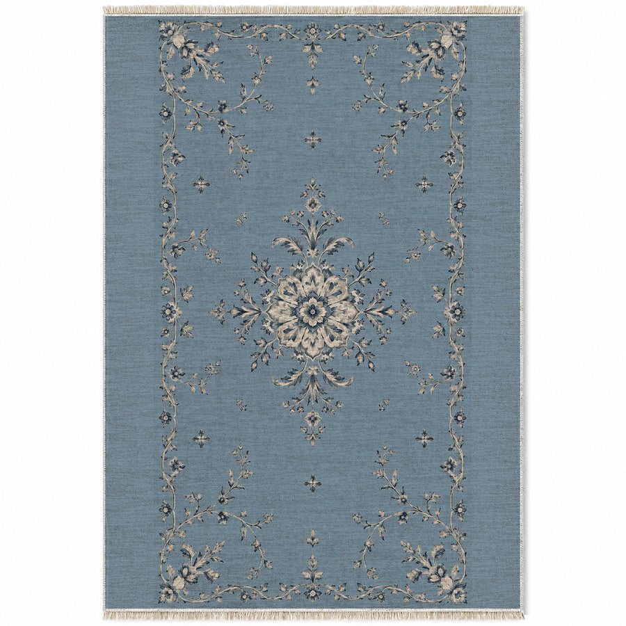 Faded Rosette Dusty Blue & Ivory Vintage Washable Rug