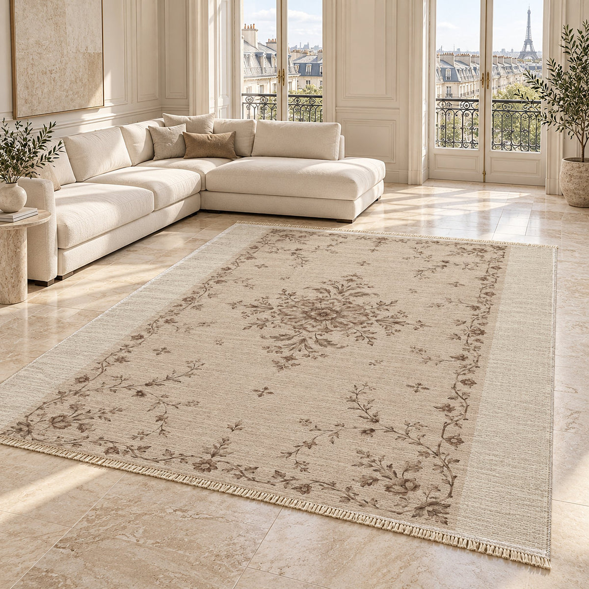 Faded Rosette Ivory & Taupe washable rug angled room view on marble