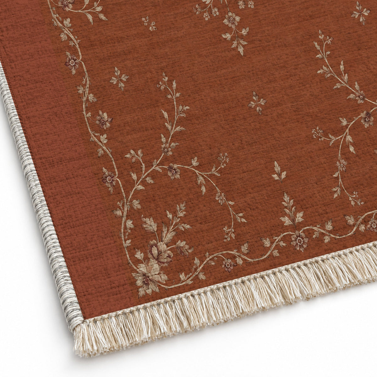 Faded Rosette Rust & Sand washable rug close-up of the printed chenille