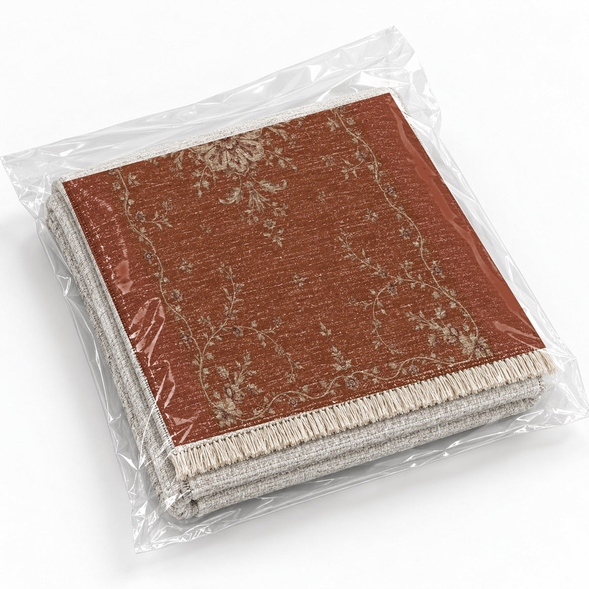 Faded Rosette Rust & Sand washable rug rolled and packaged