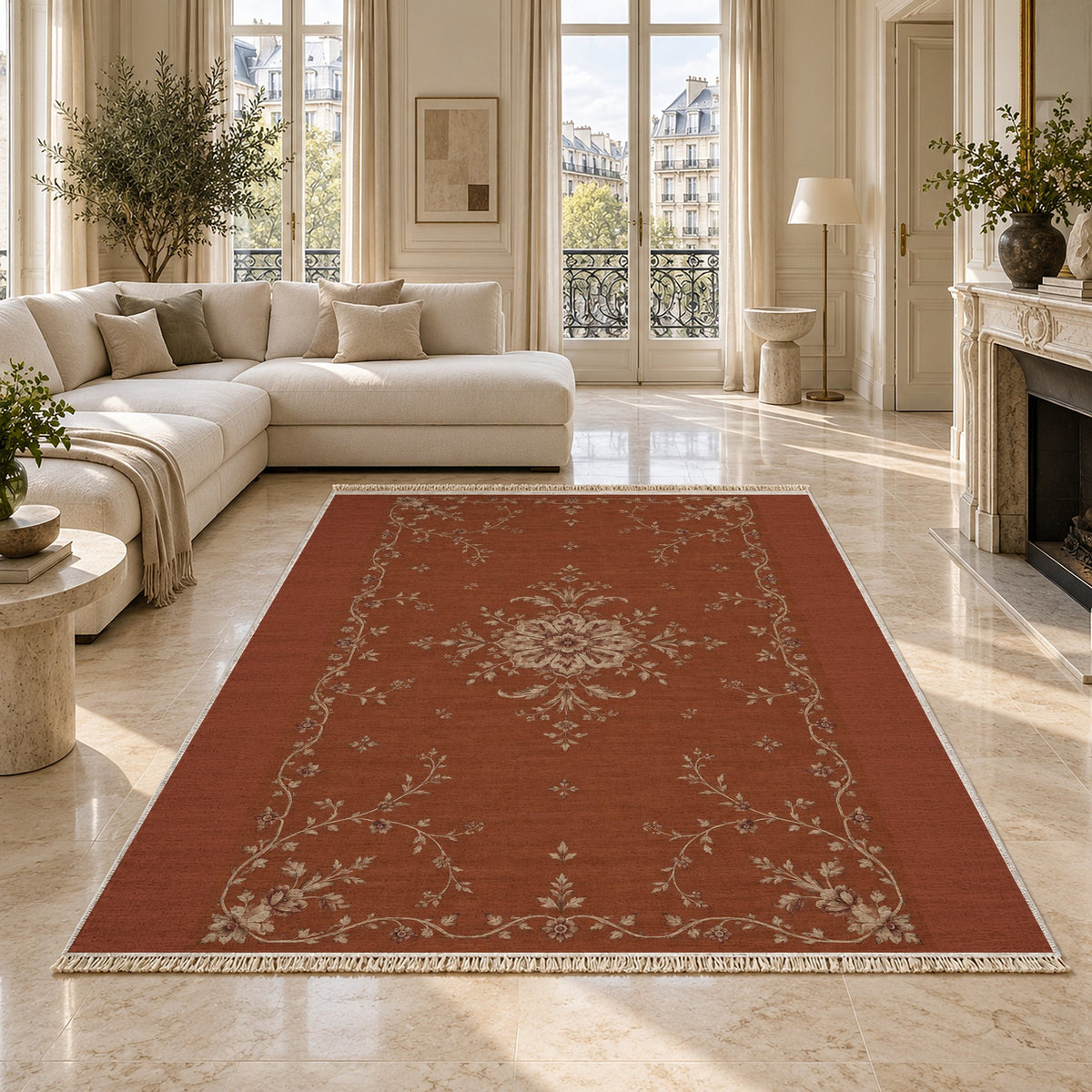 Faded Rosette Rust & Sand washable rug on a marble floor