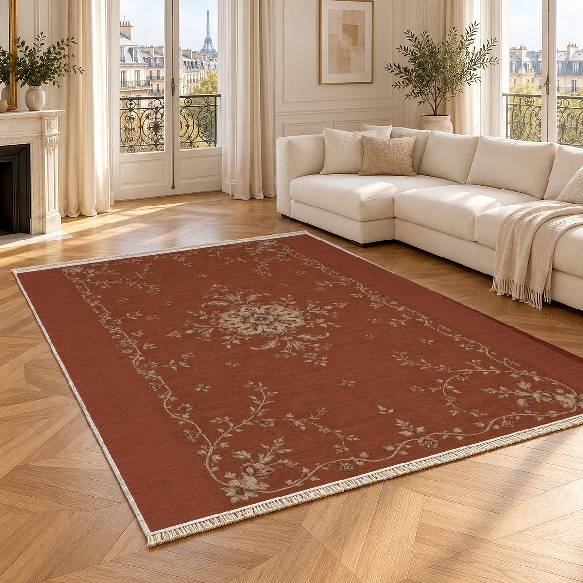 Faded Rosette Rust & Sand washable rug angled room view
