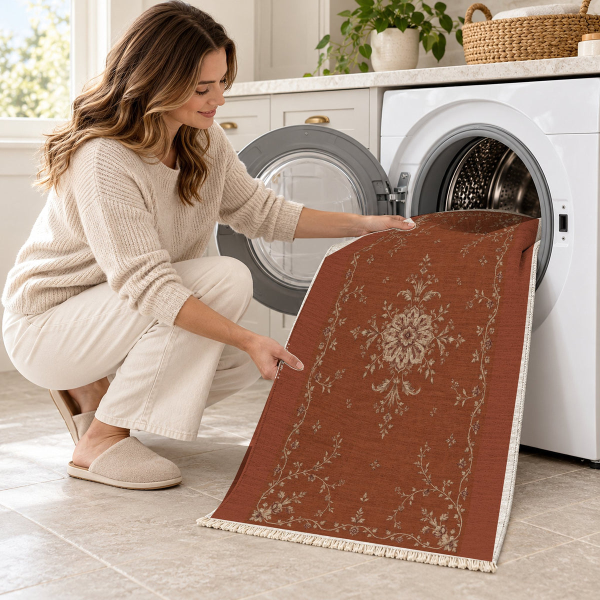 Faded Rosette Rust & Sand washable rug being loaded into a washing machine