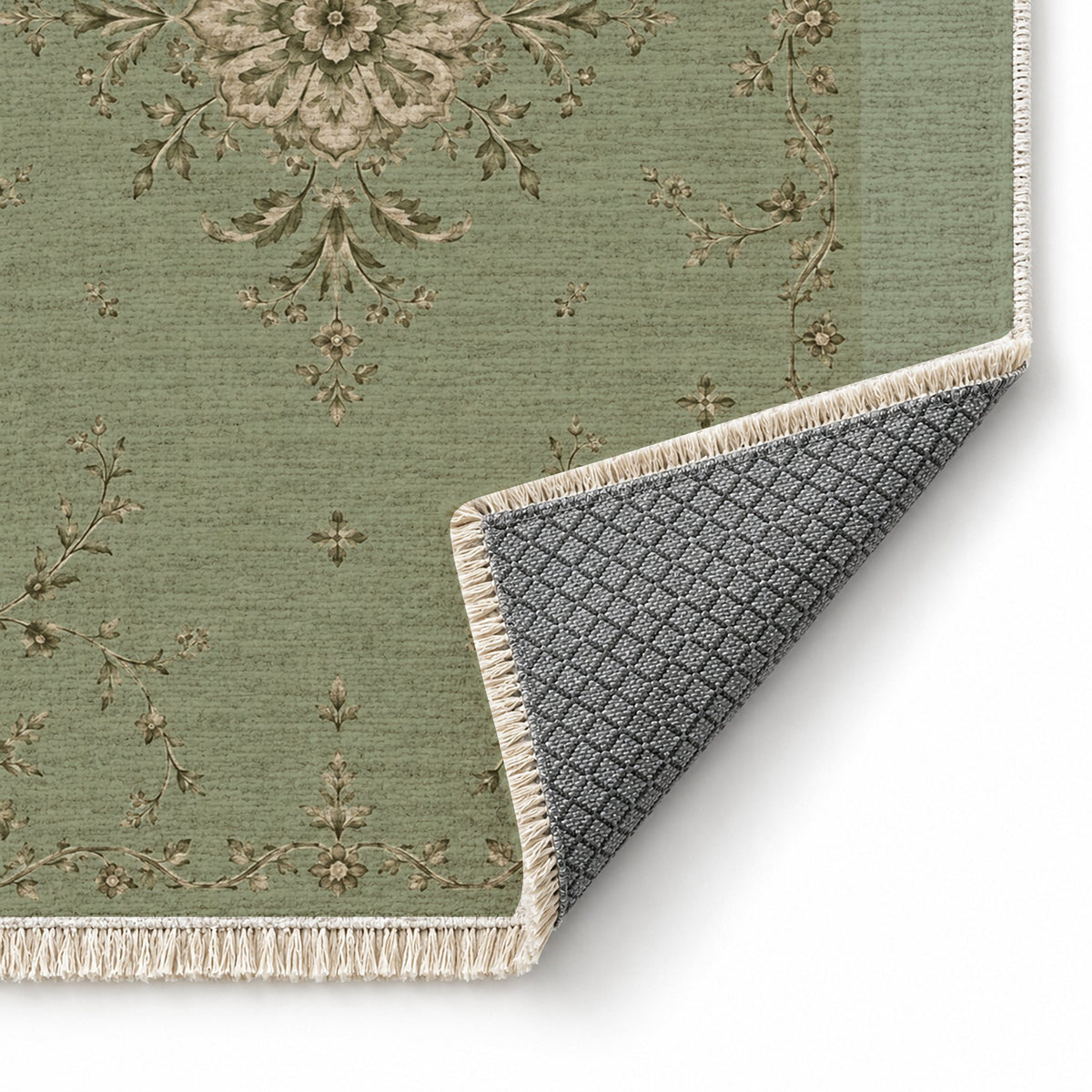 Faded Rosette Sage & Oat washable rug folded corner showing the backing
