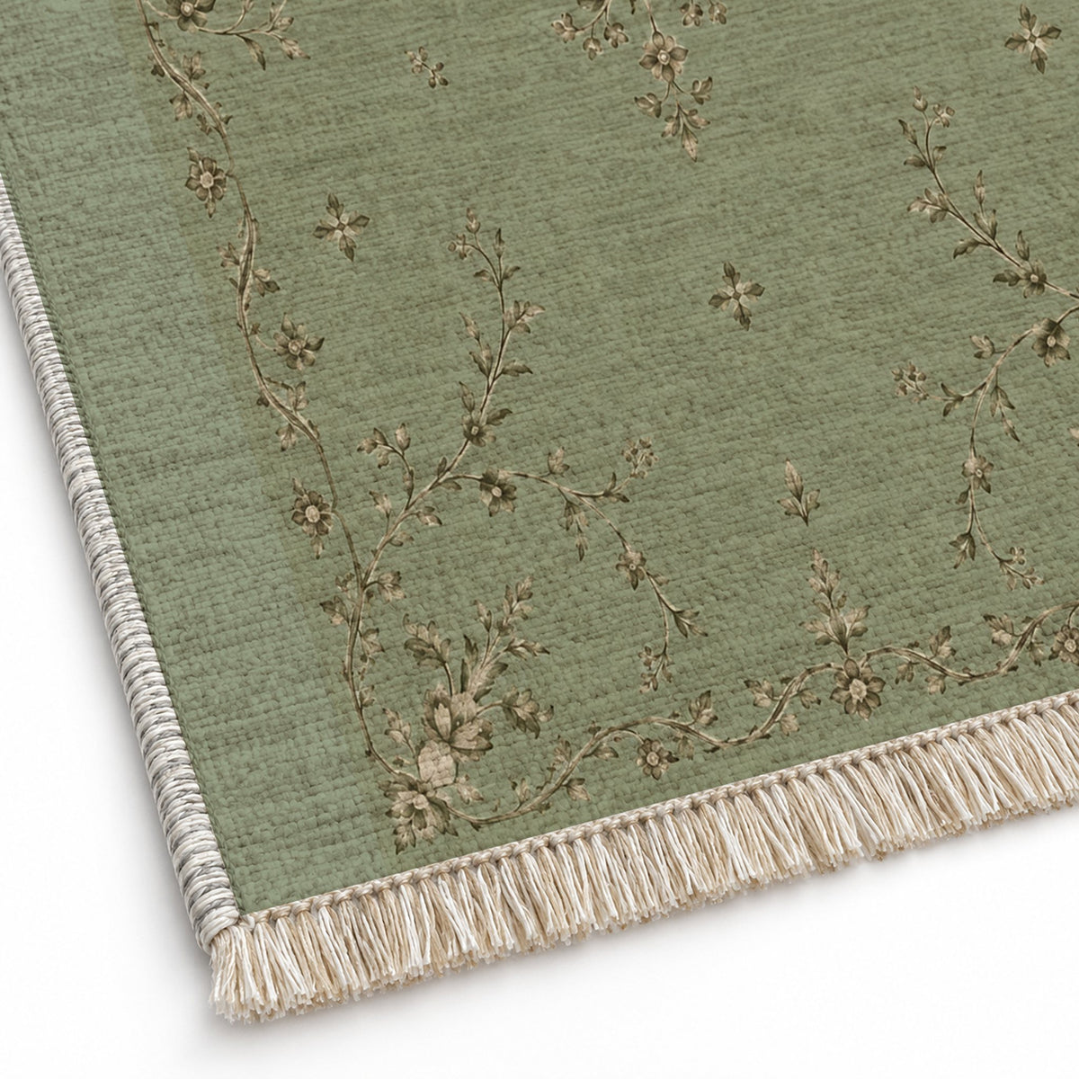 Faded Rosette Sage & Oat washable rug close-up of the printed chenille