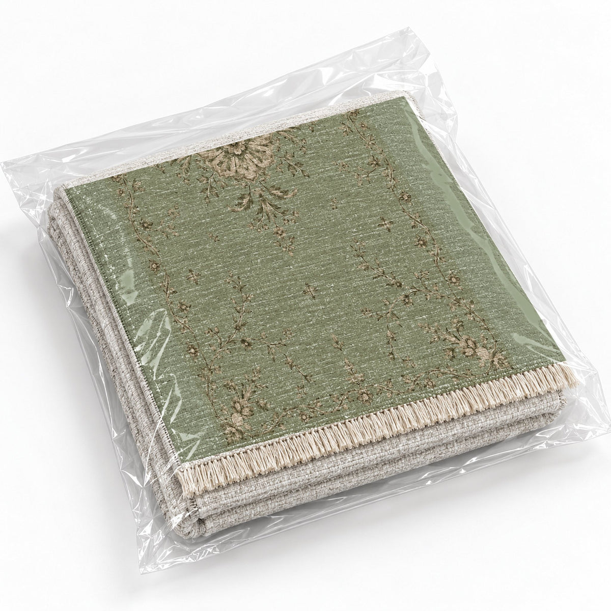 Faded Rosette Sage & Oat washable rug rolled and packaged
