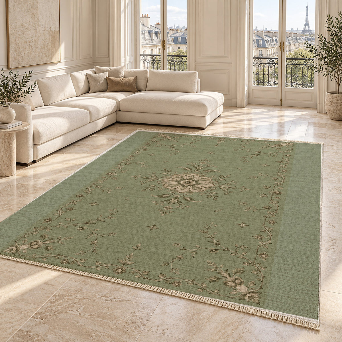 Faded Rosette Sage & Oat washable rug angled room view on marble