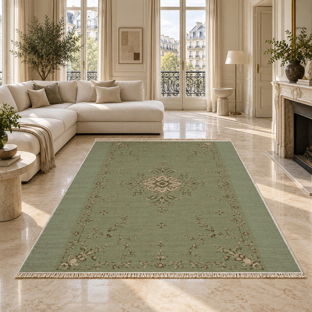Faded Rosette Sage & Oat washable rug on a marble floor