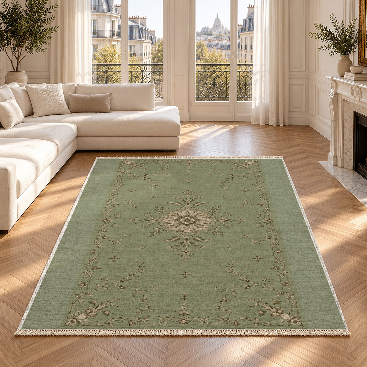 Faded Rosette Sage & Oat washable rug in a Paris living room