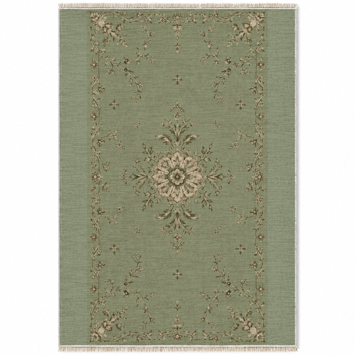 Faded Rosette Sage & Oat washable rug top view