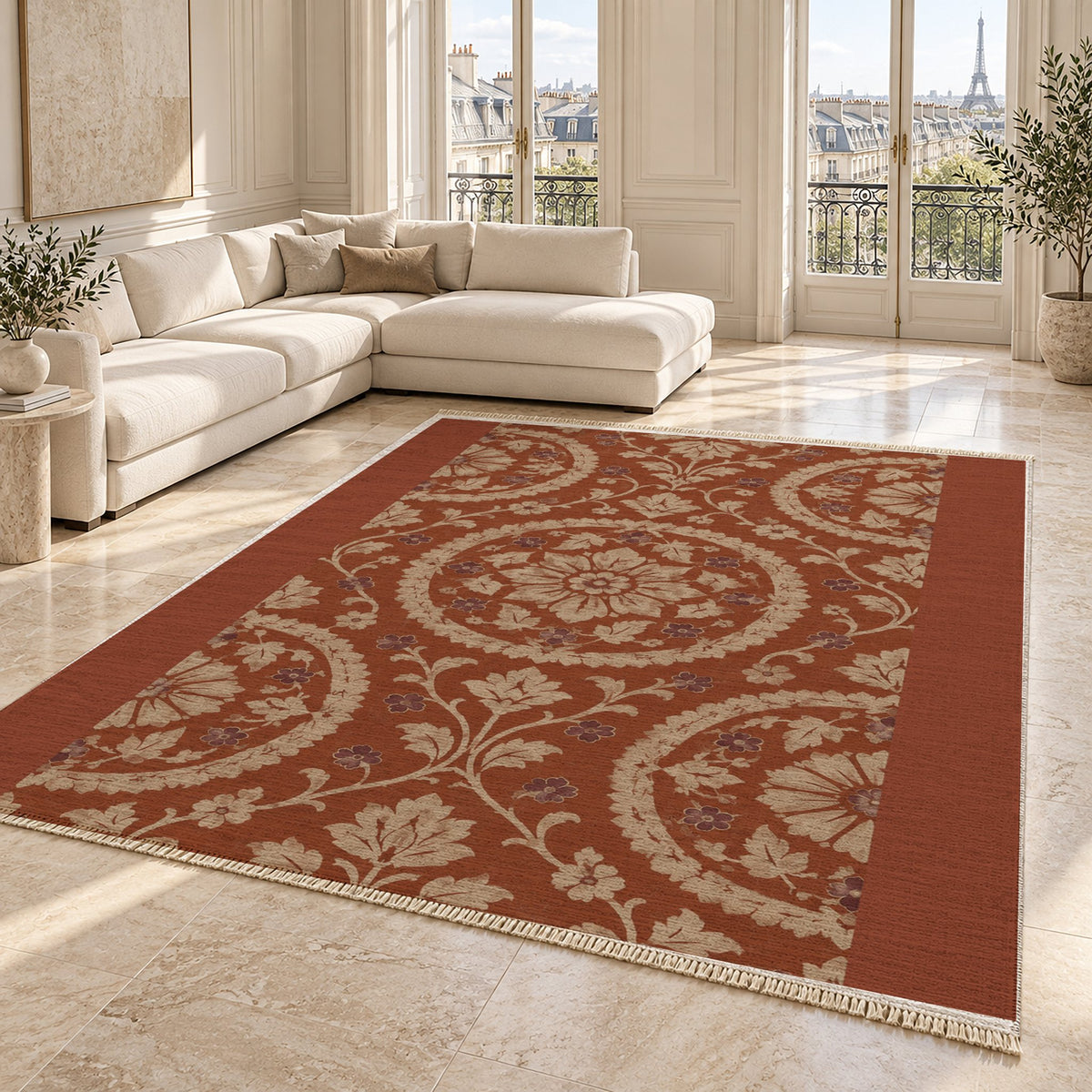 Faded Suzani Rust & Sand washable rug angled room view on marble