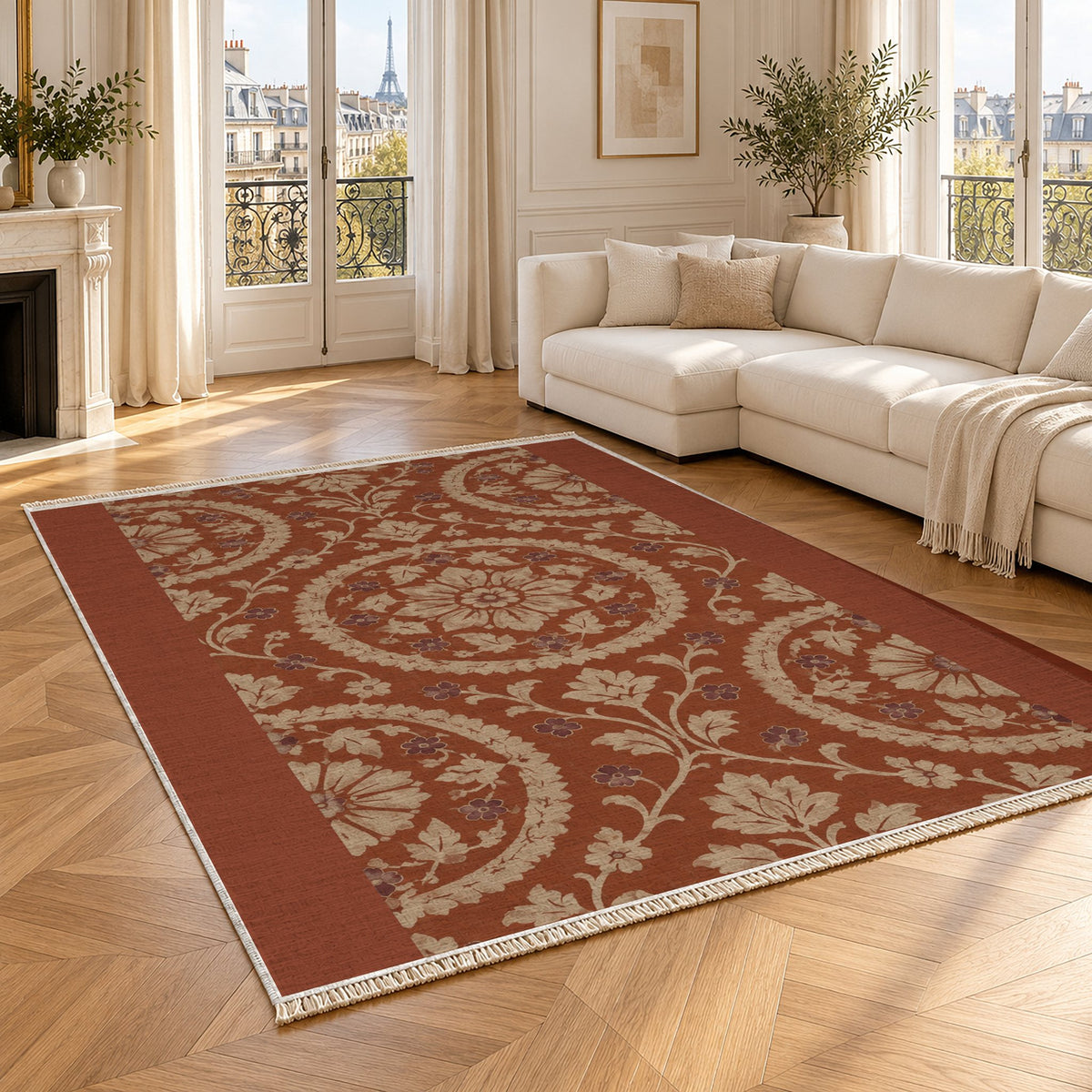 Faded Suzani Rust & Sand washable rug angled room view
