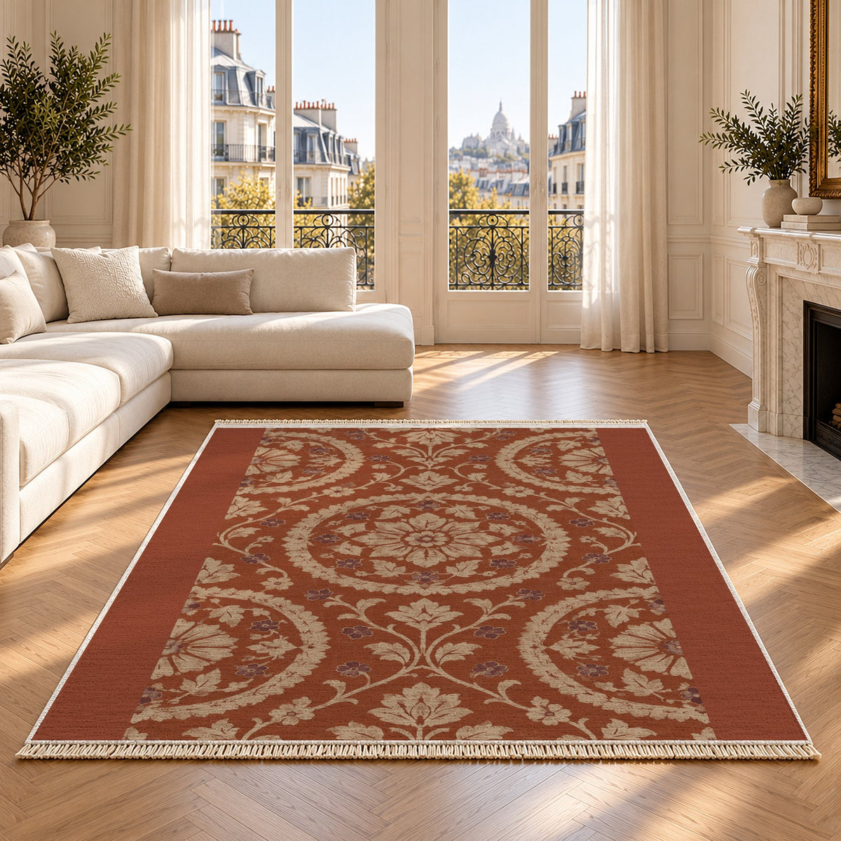 Faded Suzani Rust & Sand washable rug on an oak floor