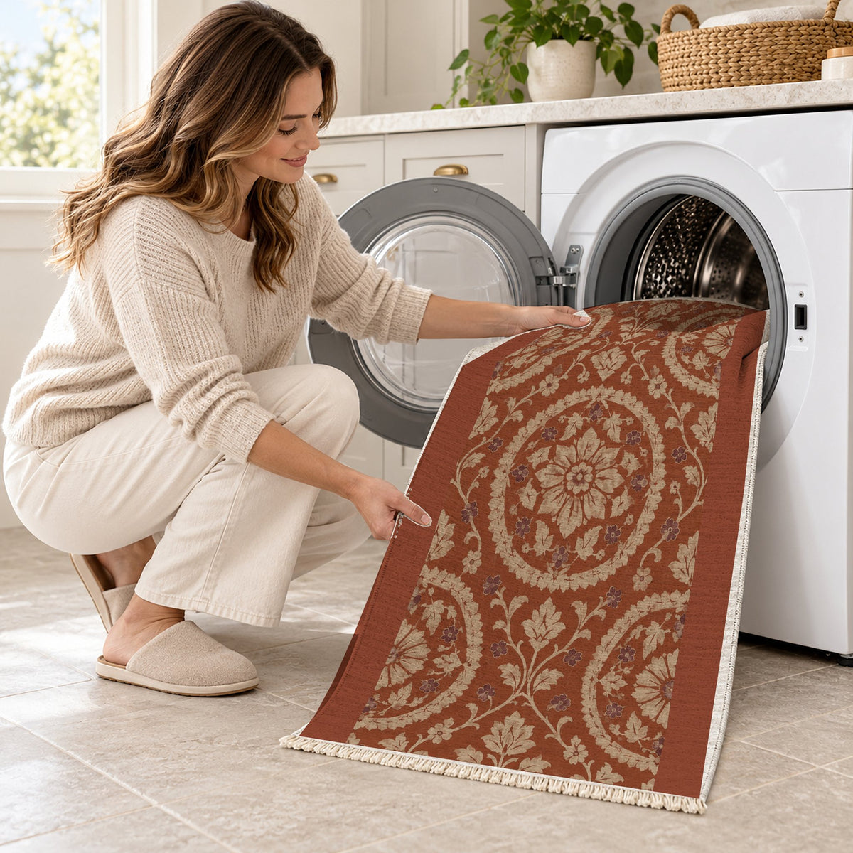Faded Suzani Rust & Sand washable rug being loaded into a washing machine