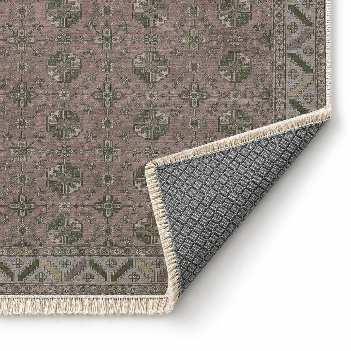 Fine Gul Grid Graphite & Linen washable rug folded corner showing the backing