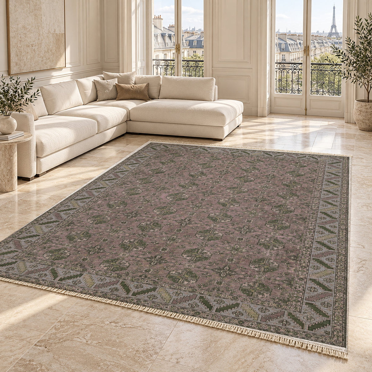 Fine Gul Grid Graphite & Linen washable rug angled room view on marble