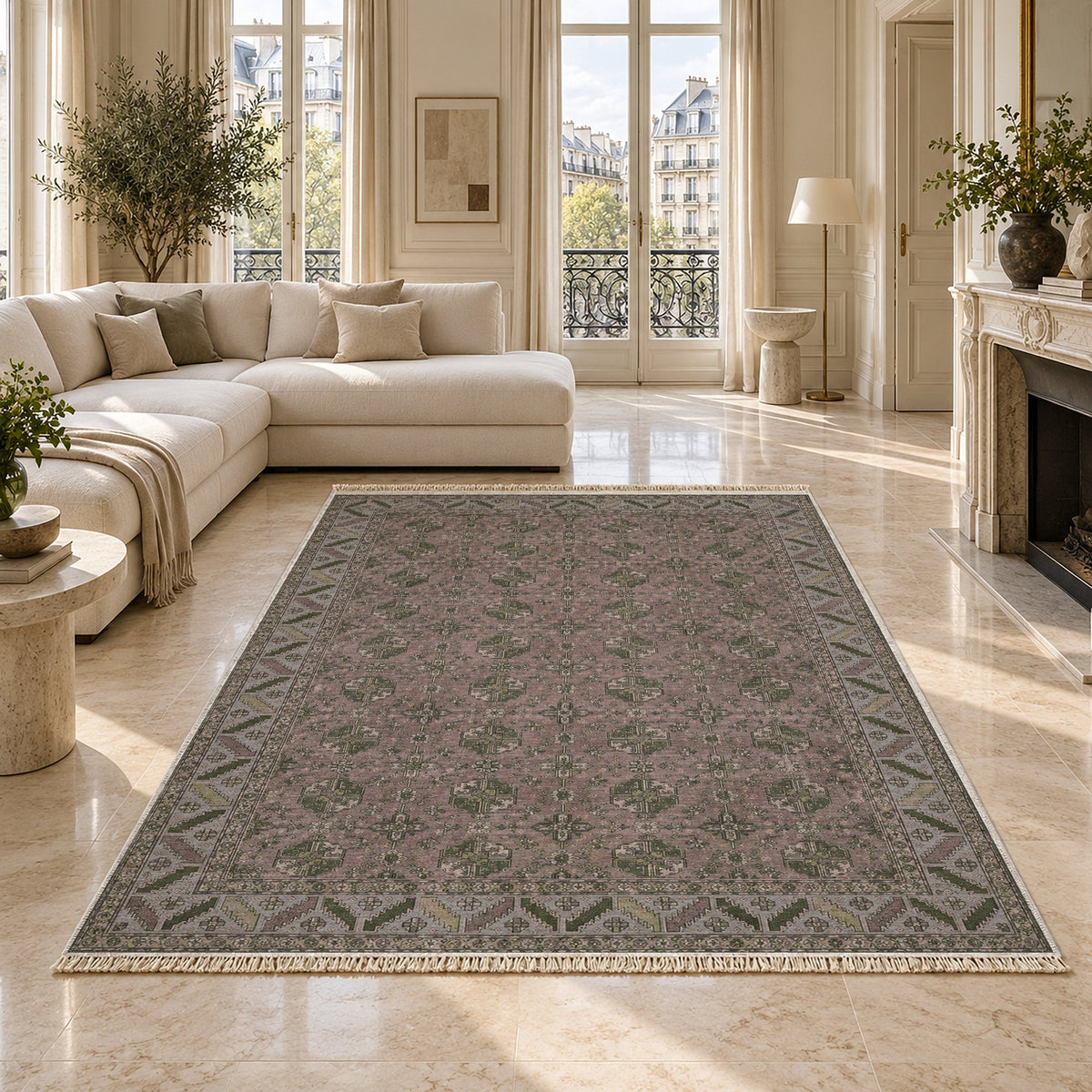 Fine Gul Grid Graphite & Linen washable rug on a marble floor