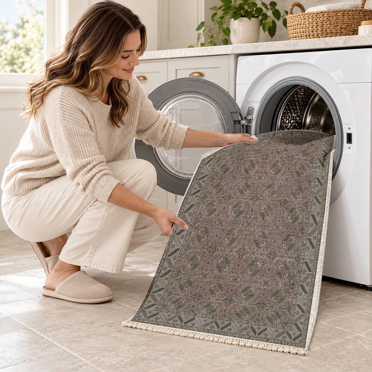 Fine Gul Grid Graphite & Linen washable rug being loaded into a washing machine