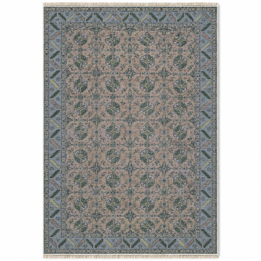 Fine Gul Grid Mineral Blue Afghan Washable Rug