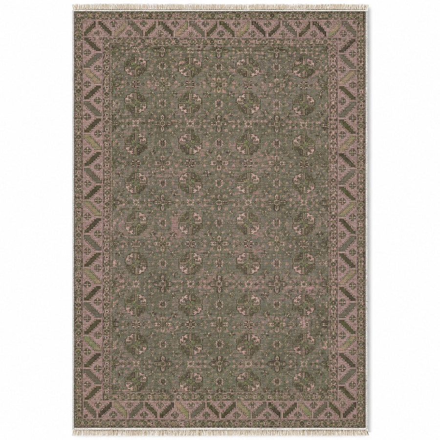 Fine Gul Grid Rose & Olive Afghan Washable Rug