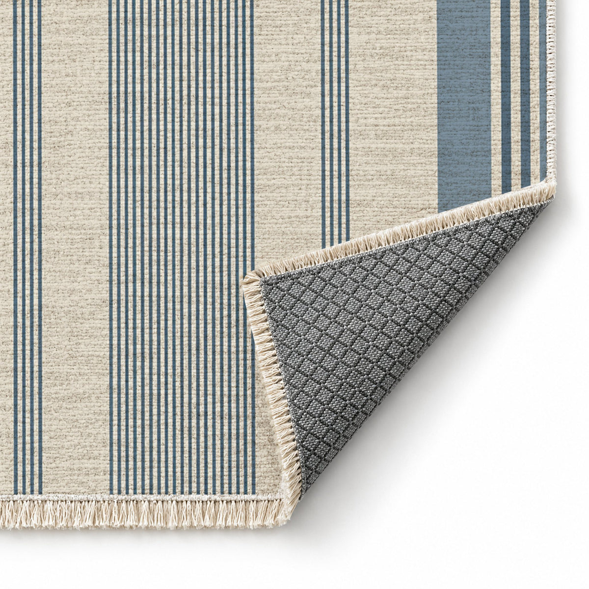 Fine Ticking Ivory & Denim washable rug folded corner showing the backing