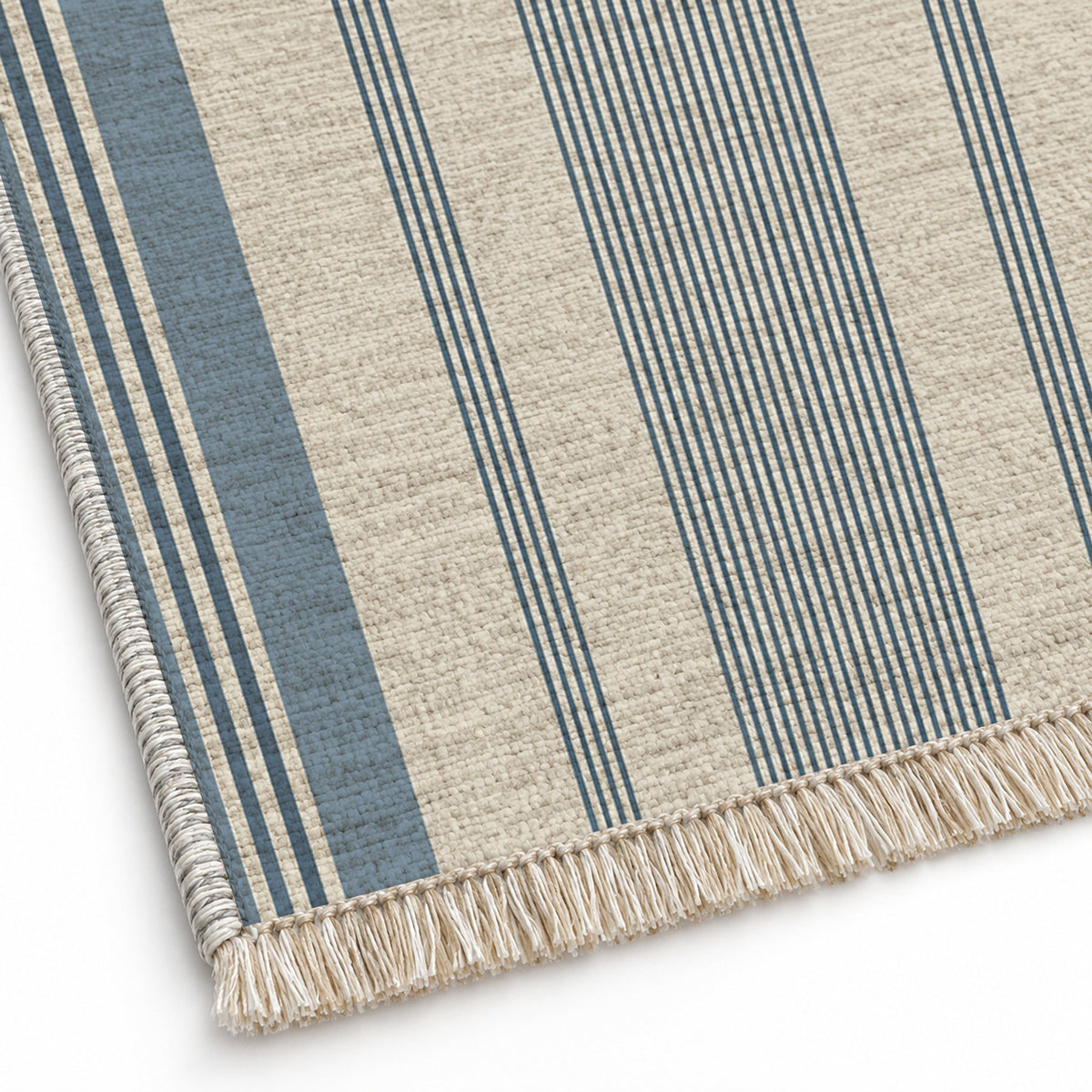 Fine Ticking Ivory & Denim washable rug close-up of the printed chenille