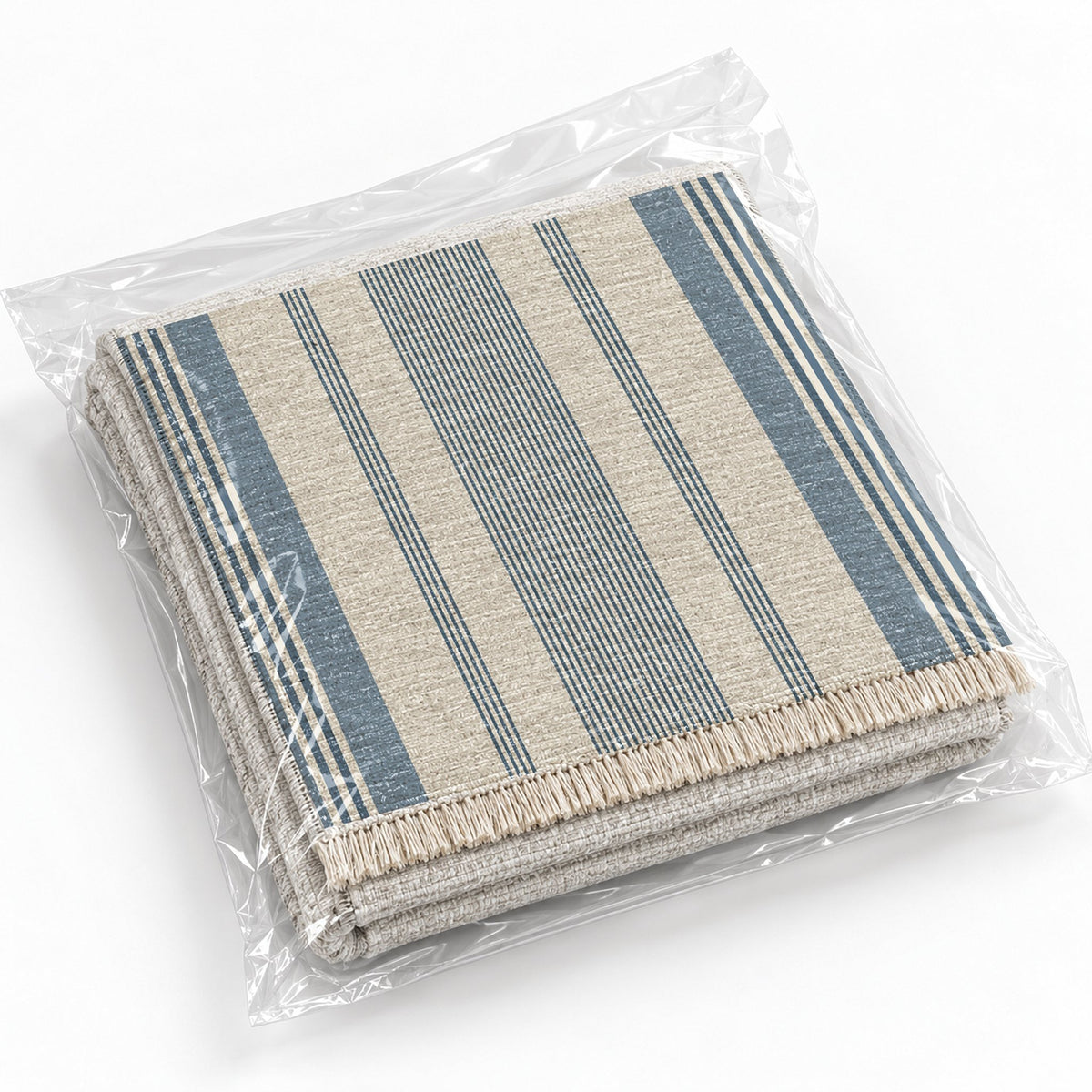 Fine Ticking Ivory & Denim washable rug rolled and packaged