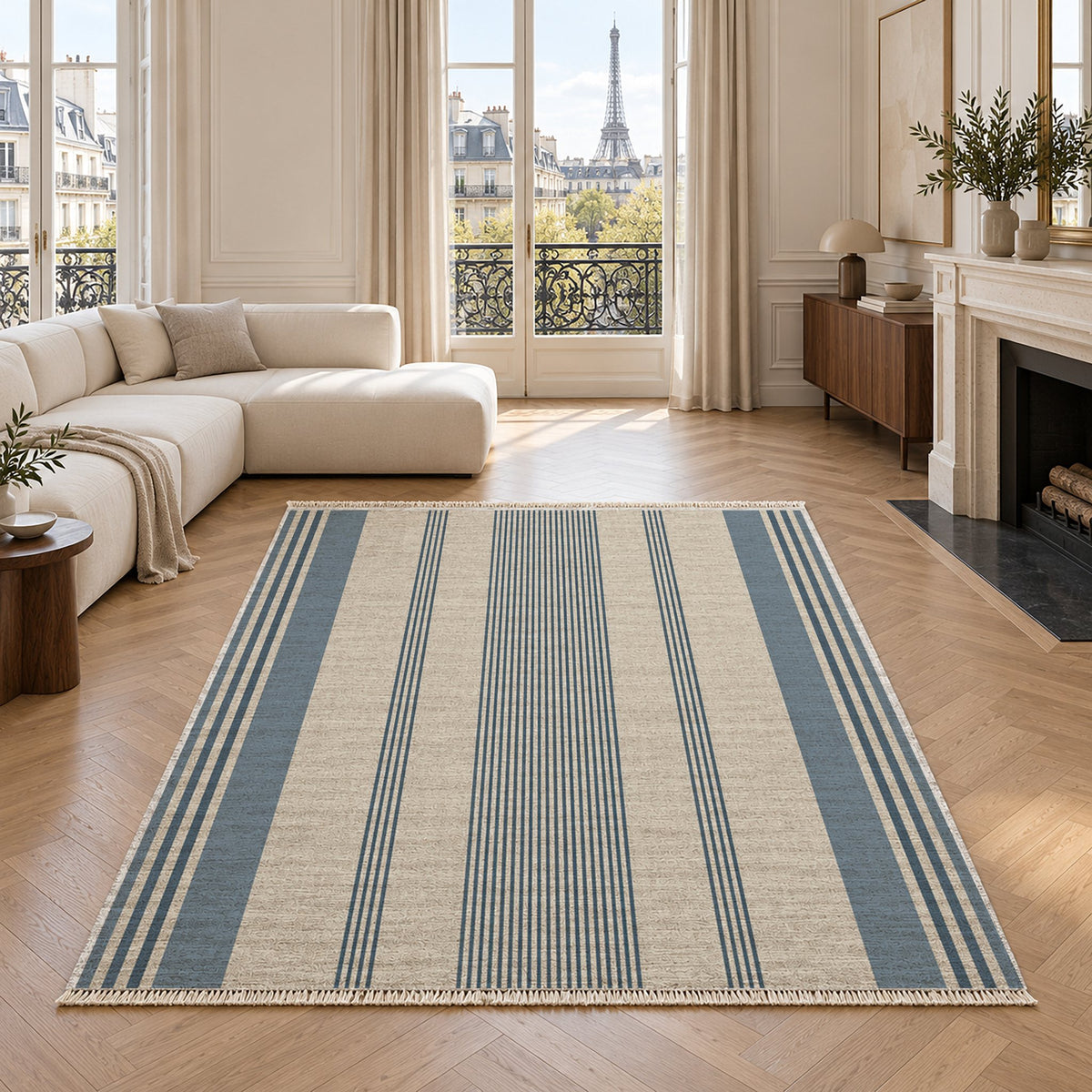 Fine Ticking Ivory & Denim washable rug in a living room with an Eiffel Tower view
