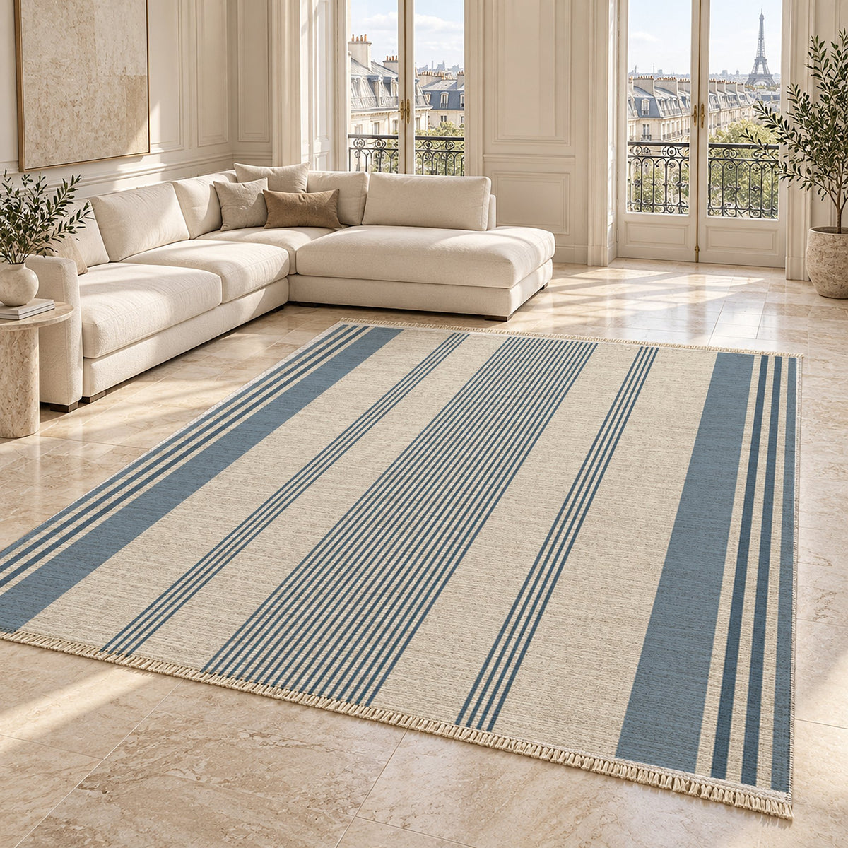 Fine Ticking Ivory & Denim washable rug angled room view on marble