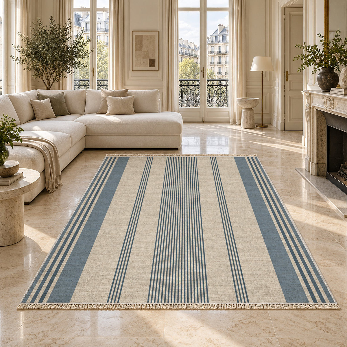 Fine Ticking Ivory & Denim washable rug on a marble floor