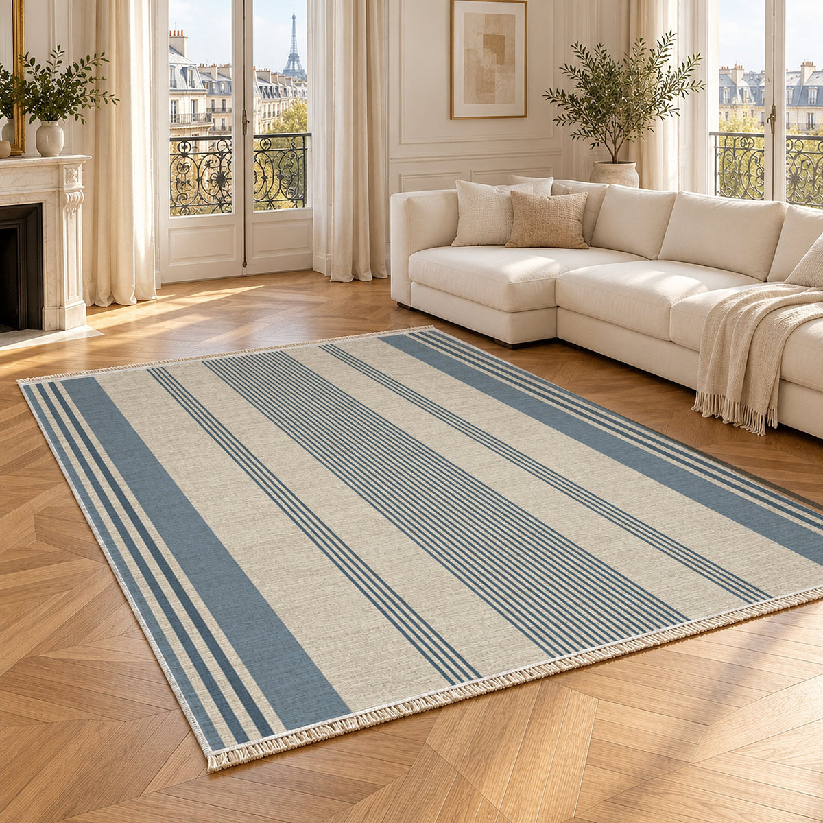 Fine Ticking Ivory & Denim washable rug angled room view