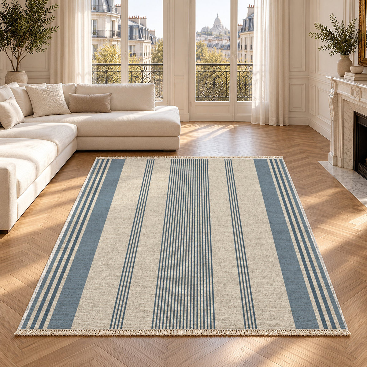 Fine Ticking Ivory & Denim washable rug in a Paris living room