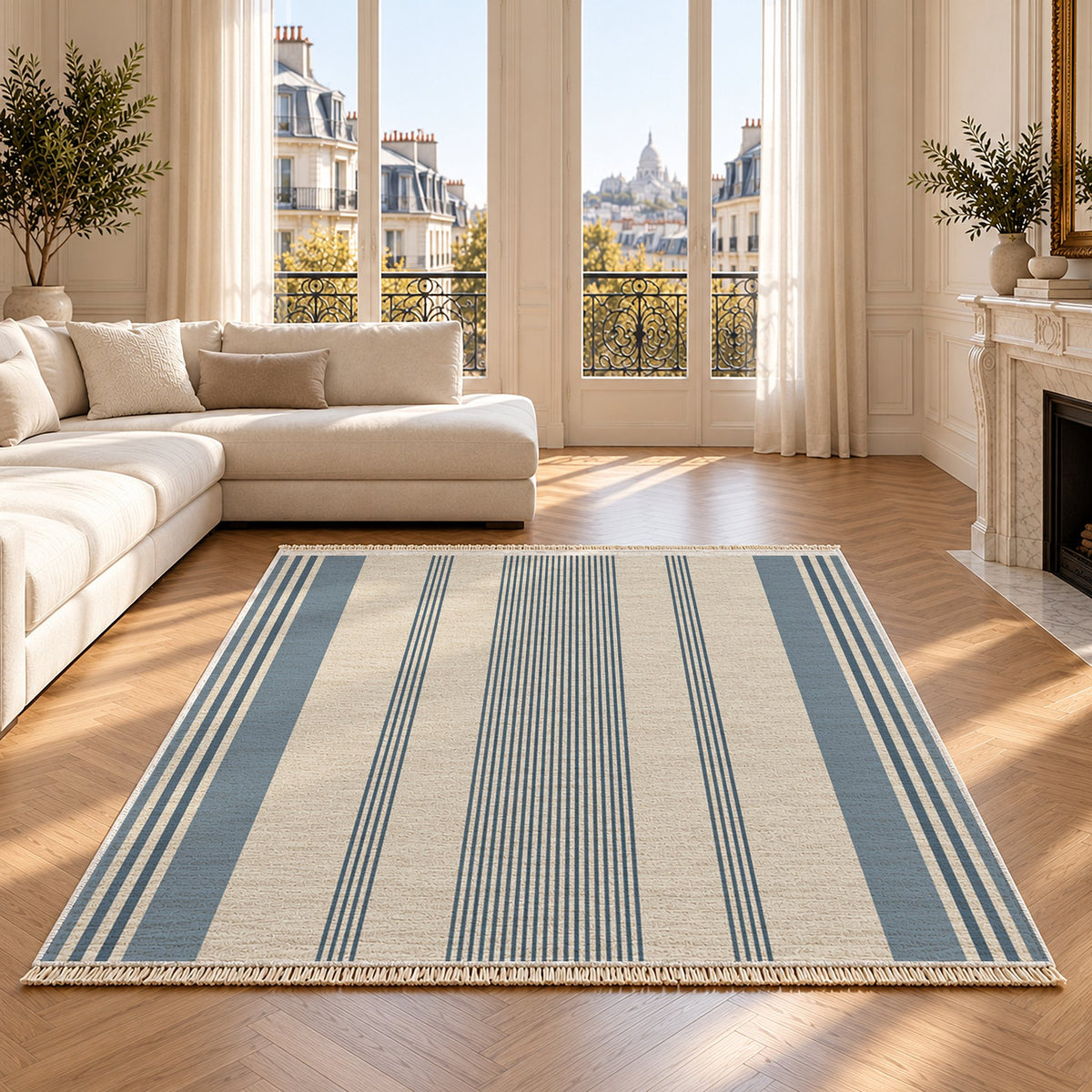 Fine Ticking Ivory & Denim washable rug on an oak floor