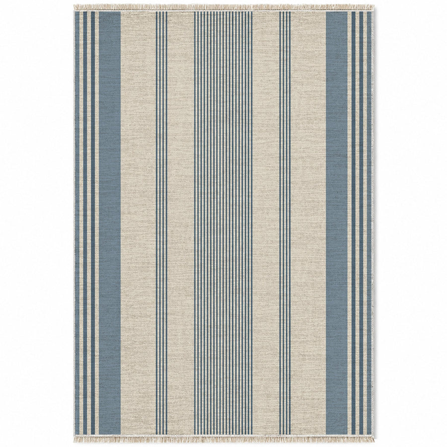 Fine Ticking Ivory & Denim Stripe Washable Rug