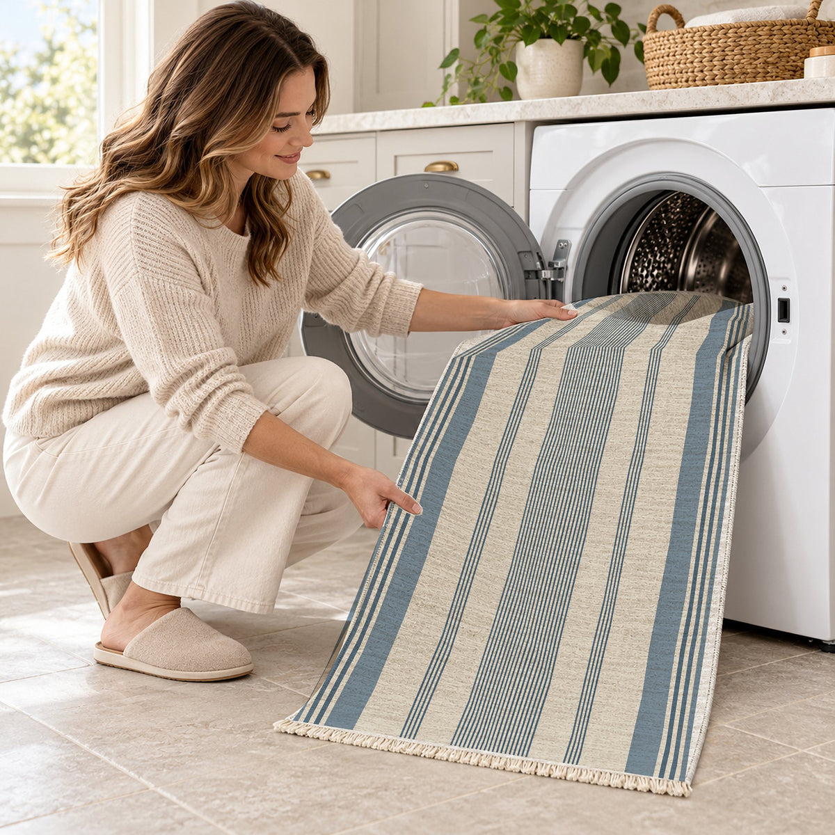 Fine Ticking Ivory & Denim washable rug being loaded into a washing machine