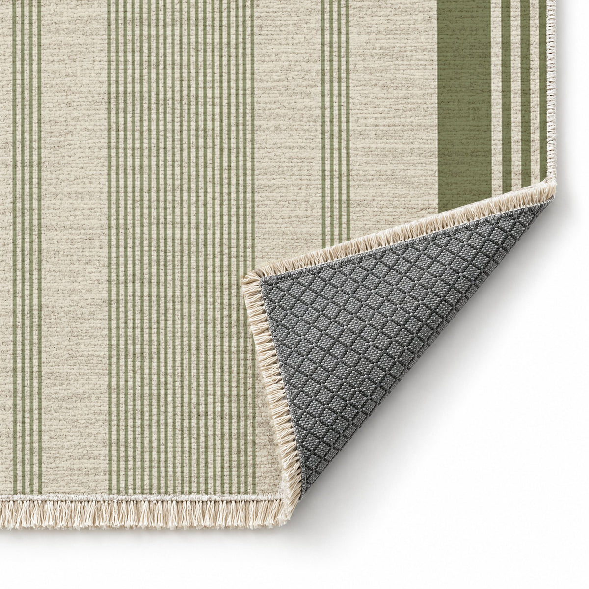 Fine Ticking Ivory & Olive washable rug folded corner showing the backing