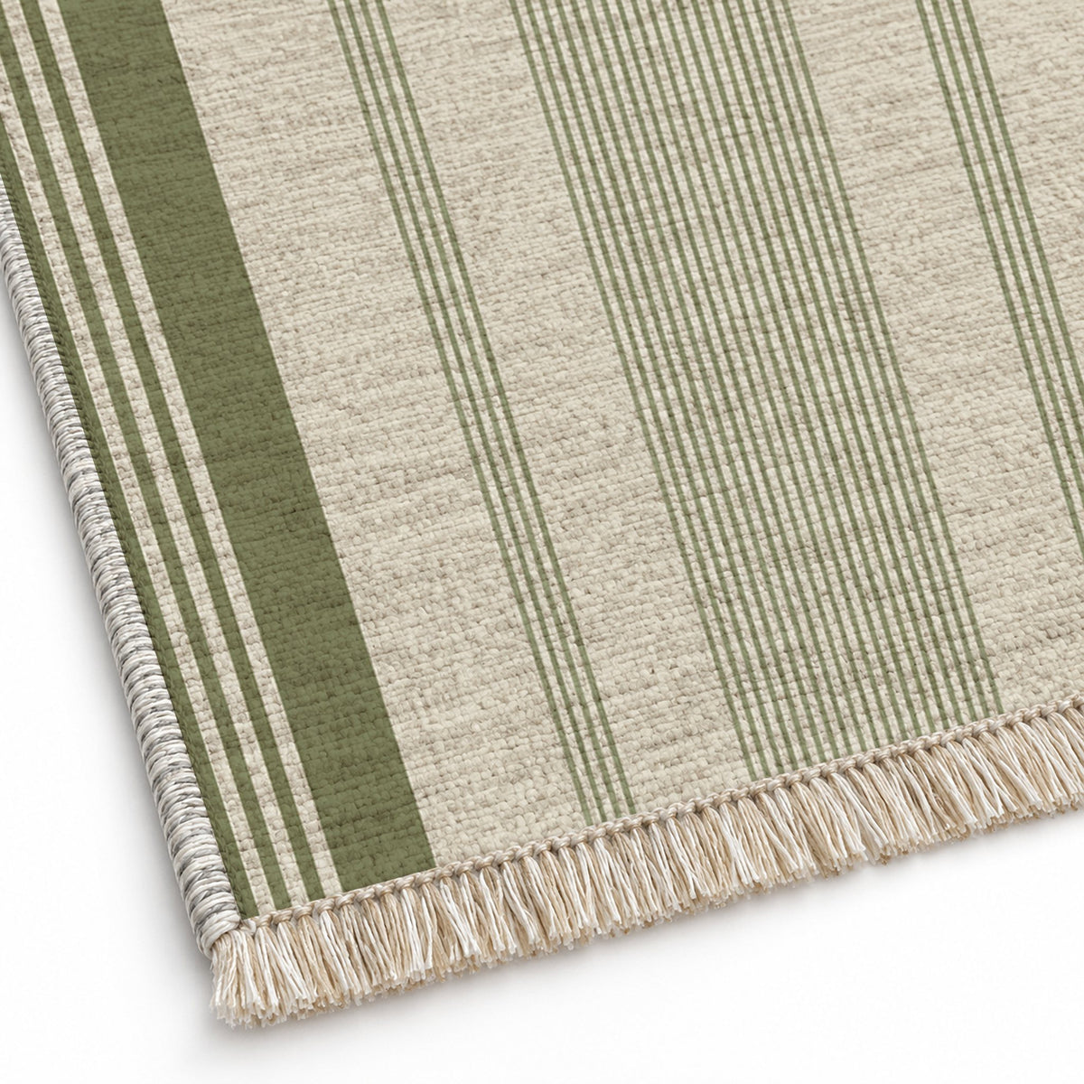Fine Ticking Ivory & Olive washable rug close-up of the printed chenille
