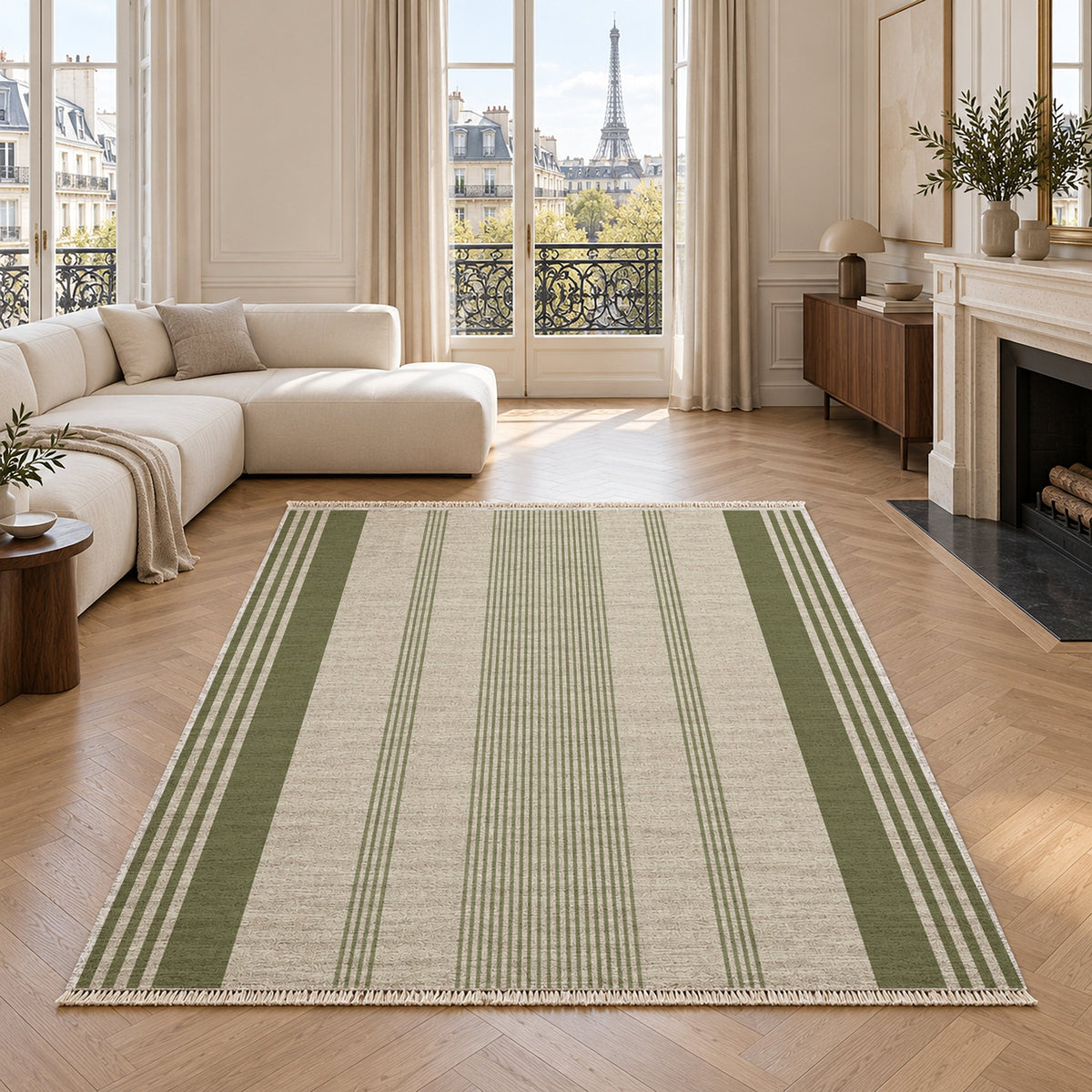 Fine Ticking Ivory & Olive washable rug in a living room with an Eiffel Tower view