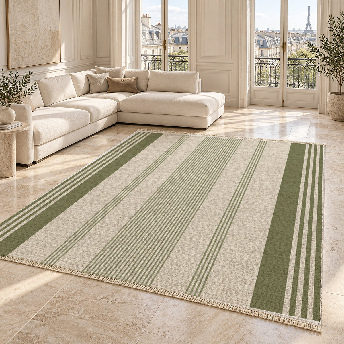 Fine Ticking Ivory & Olive washable rug angled room view on marble